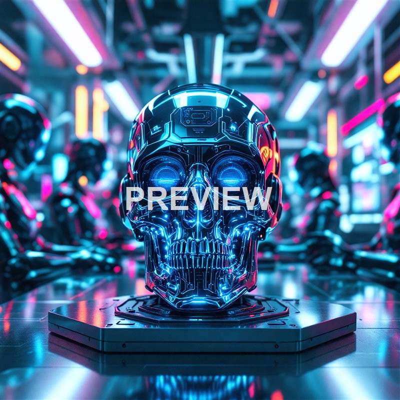 A glowing, futuristic skull made of transparent material with illuminated circuit-like patterns, set in a high-tech environment with robotic figures in the background illuminated by neon lights.